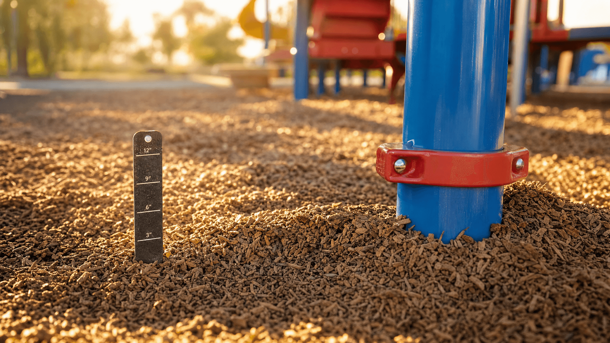 Engineered wood fiber playground surfacing with depth measurement stake
